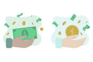 ilustración de negocios con la mano que sostiene dinero y monedas. vector