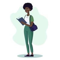 concepto educativo, mujer joven de pie con libro. ilustración de estilo de dibujos animados plana vector