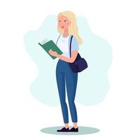 Educational concept, young woman standing with book. Flat cartoon style illustration vector