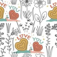 A couple of snails in love with lettering Love You and wildflowers. Seamless pattern. Vector illustrations