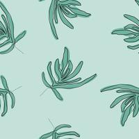 Vector green leaves lavender seamless pattern background. Hand drawn line art style repeat design against green backdrop.