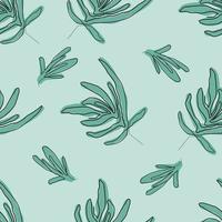 Vector green leaves lavender seamless pattern background. Hand drawn line art style repeat design against green backdrop.