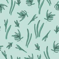 Vector green leaves lavender seamless pattern background. Hand drawn line art style repeat design against green backdrop.