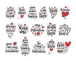 Hand lettering valentines day love heart typography set quotes calligraphy valentine's day greeting card background vector