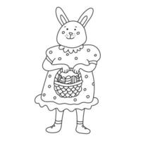 An funny smiling female rabbit or bunny with an Easter basket with eggs. She is wearing a polka dots dress. Hand drawn vector illustration isolated on white background. Doodle style. Black outline.