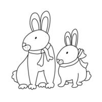 Cute hares or rabbits in doodle style. Isolated outline. Hand drawn vector illustration in black ink on white background. Single pictures for your Easter design, coloring books.