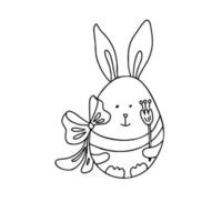 Easter egg with rabbit ears decorated with a bow and a tulip flower in doodle style. Great for Easter greeting cards. Hand drawn vector illustration in black ink. Isolated outline.