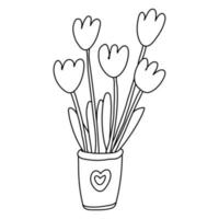 Nice tulip flowers are in a small pot decorated with a heart. Vector hand drawn illustration isolated on white. Black outline. Doodle style. Great for spring and Easter design, coloring books.