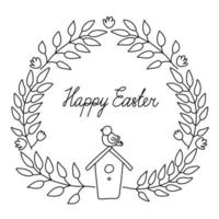 Easter wreath with a birdhouse and a bird on it in doodle style. Isolated outline. Hand drawn vector illustration on white. Great for Easter greeting cards, coloring books. Happy Easter lettering.