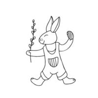 Funny Easter bunny with an egg and a willow twig. He is wearing a cute costume with striped pocket. Hand drawn vector illustration in black ink isolated on white background. Doodle style.