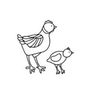 A cute hen and a chick in doodle style. Isolated outline. Hand drawn vector illustration in black ink on white background. Single picture for coloring books