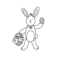 A cute Easter bunny with an egg and a wicker basket full of easter eggs. Hand drawn vector illustration in black ink isolated on white background. Doodle style.
