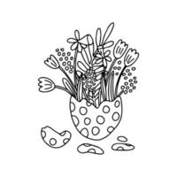 Hand drawn vector illustration of a bouquet of spring flowers in an eggshell. Great for Easter greeting cards and posters. Isolated on white, doodle style