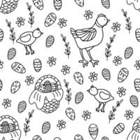 Vector seamless pattern with hens and chickens, wicker baskets full of easter eggs and daisies. Great print for fabric, wrapping papers, wallpapers, cover. Illustration in doodle style. Black ink.