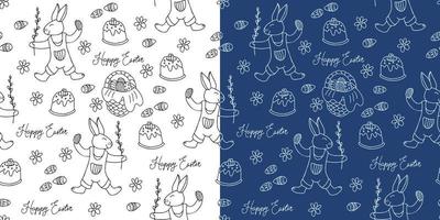 Set of vector seamless patterns with easter cakes, rabbits, wicker basket full of eggs, daisies. Doodle style in black ink on white and white on navy blue. Great for fabric, wrapping papers, covers.