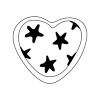 corazón decorado con estrellas. decoración del día de san valentín. ilustración de fideos vectoriales para carteles y diseño de tarjetas de felicitación aislado en blanco. contorno negro vector