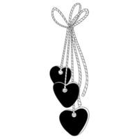 Hearts hanging on a rope. Valentine's day decoration. Vector doodle illustration for posters and greeting cards design isolated on white. Black outline.