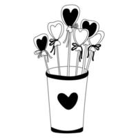 Heart shaped lollipop candies sticking out of a cup decorated with a heart. Valentine's day decor. Vector doodle illustration for posters and greeting cards design isolated on white. Black outline.