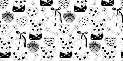 Seamless pattern decorated with padlocks, keys, envelopes, hearts. Valentine's day decor. Great for fabrics, wrapping papers, wallpapers, covers. Doodle style illustration black outline vector