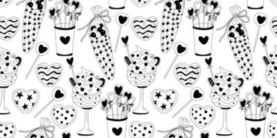 Seamless pattern decorated with desserts, candies, sweets. Valentine's day decor. Great for fabrics, wrapping papers, wallpapers, covers. Doodle style illustration black outline. vector