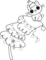 cute Christmas naughty cat on pine tree cartoon doodle outline hand drawn png