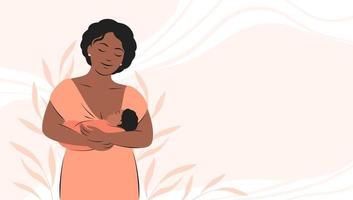 Breastfeeding. African American woman breastfeeds the baby. Banner about pregnancy and motherhood with place for text. Vector illustration.