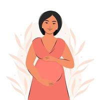 Pregnant asian woman, future mom, hugging belly with arms. Pregnancy and motherhood concept. Vector illustration.