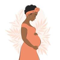 mujer africana embarazada, futura mamá, de pie en la naturaleza y abrazando el vientre con los brazos. ilustración vectorial plana. vector