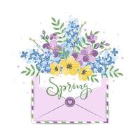 Hello spring. Card with with envelope and spring flowers. Vector illustration