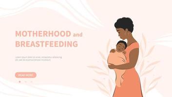 Banner about breastfeeding and motherhood. Dark skinned woman  feeding baby. World Breastfeeding Week. Vector illustration.