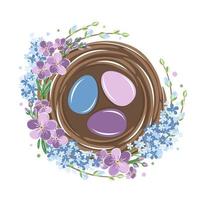 Bird nest with eggs decorated with flowers. Easter spring design. Vector illustration