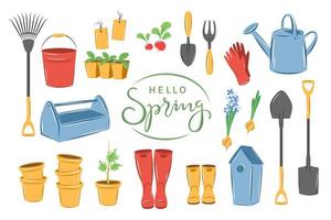 Spring garden element set. Farm agricultural tools. Gardening, growing plants. Vector illustration Isolated on a white.