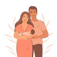 Happy family with newborn. Parents with child. Pregnancy and breastfeeding concept. Vector illustration.