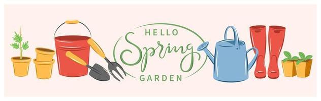 Hello spring garden text. Gardening, growing plants, agricultural tools. Vector illustration.