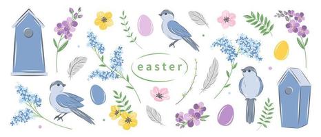 Easter and spring design elements set. Eggs, birds, flowers and decorations. Vector illustration.