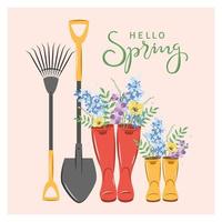 hola texto de primavera. lindas botas de agua con flores de primavera y herramientas de jardinería. ilustración vectorial vector