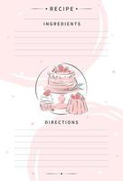 Recipe card template for cooking notes. Clean pages of the cookbook are decorated cake with berries. Vector illustration.