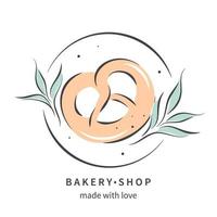 Bakery shop logo with hand drawn pretzel, bread products. Vector illustration for poster, label or menu.