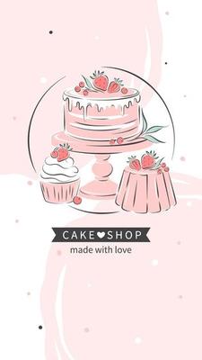 Pastry and cake shop logo. Cake, cupcake and berries. Vector illustration  for menu, recipe book, baking shop.