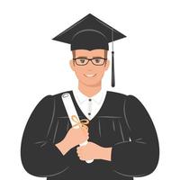 Happy graduate student with a diploma, wearing a robe and a square academic cap. A young man who graduated from studies. Flat vector illustration on white background.