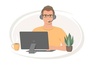 Man with headphones and microphone with laptop. Customer service, support, call center. Vector illustration