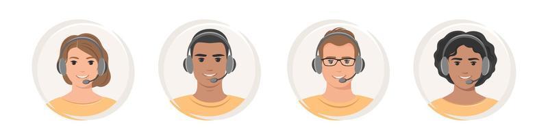 Office workers  with headsets and microphone. Call center, customer service, support. Portraits of woman and man set. Vector illustration