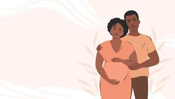 Banner about pregnancy. Dark skinned future parents. Child expectation, happy family. Vector illustration.