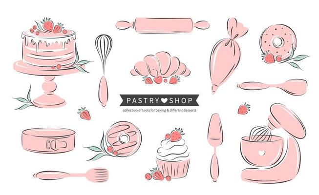 Big set kitchen tools, different desserts, pastry dishes, ingredients for baking items. Whisk, cutlery, spatulas, mixer, cake, croissant, donut and berry. Vector illustration