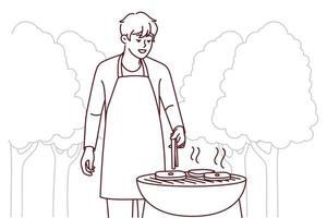 Smiling man in apron making meat on grill in park. Happy guy have fun cooking barbecue outdoors. Weekend and relaxation. Vector illustration.