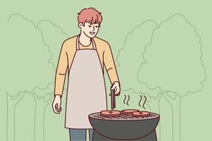 Smiling man in apron making meat on grill in park. Happy guy have fun cooking barbecue outdoors. Weekend and relaxation. Vector illustration.