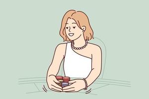 Woman sit on table in casino playing game for money. Smiling female in dress gambling in gaming house. Addiction and entertainment. Vector illustration.