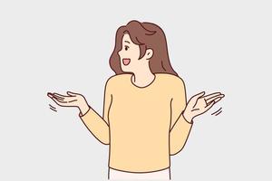 Frustrated young woman make hand gesture wondering about solution of problem. Smiling girl feel confused and embarrassed looking for solving. Vector illustration.