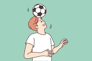 Happy young man playing football outdoors. Smiling guy with ball on head have fun enjoy sport activity. Vector illustration.