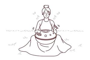 Young woman sit on grass outdoors play on traditional musical instrument meditating. Female yogi use harmony handpan or drum for meditation. Spiritual. Vector illustration.